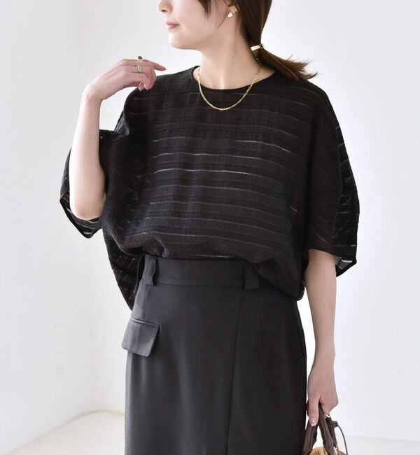 quaranciel「《予約》quaranciel:〈洗濯機可能〉ジャガード ボーダー シアー ブラウス」|シャツ・ブラウス|