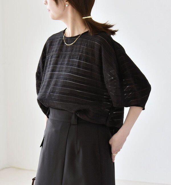 quaranciel「《予約》quaranciel:〈洗濯機可能〉ジャガード ボーダー シアー ブラウス」|シャツ・ブラウス|