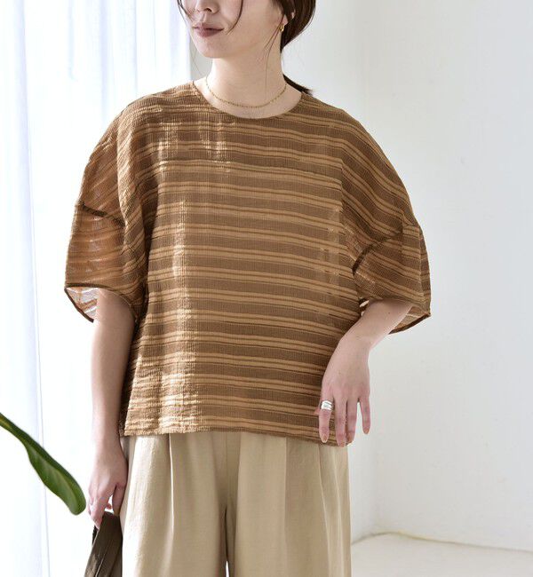 quaranciel「《予約》quaranciel:〈洗濯機可能〉ジャガード ボーダー シアー ブラウス」|シャツ・ブラウス|キャメル