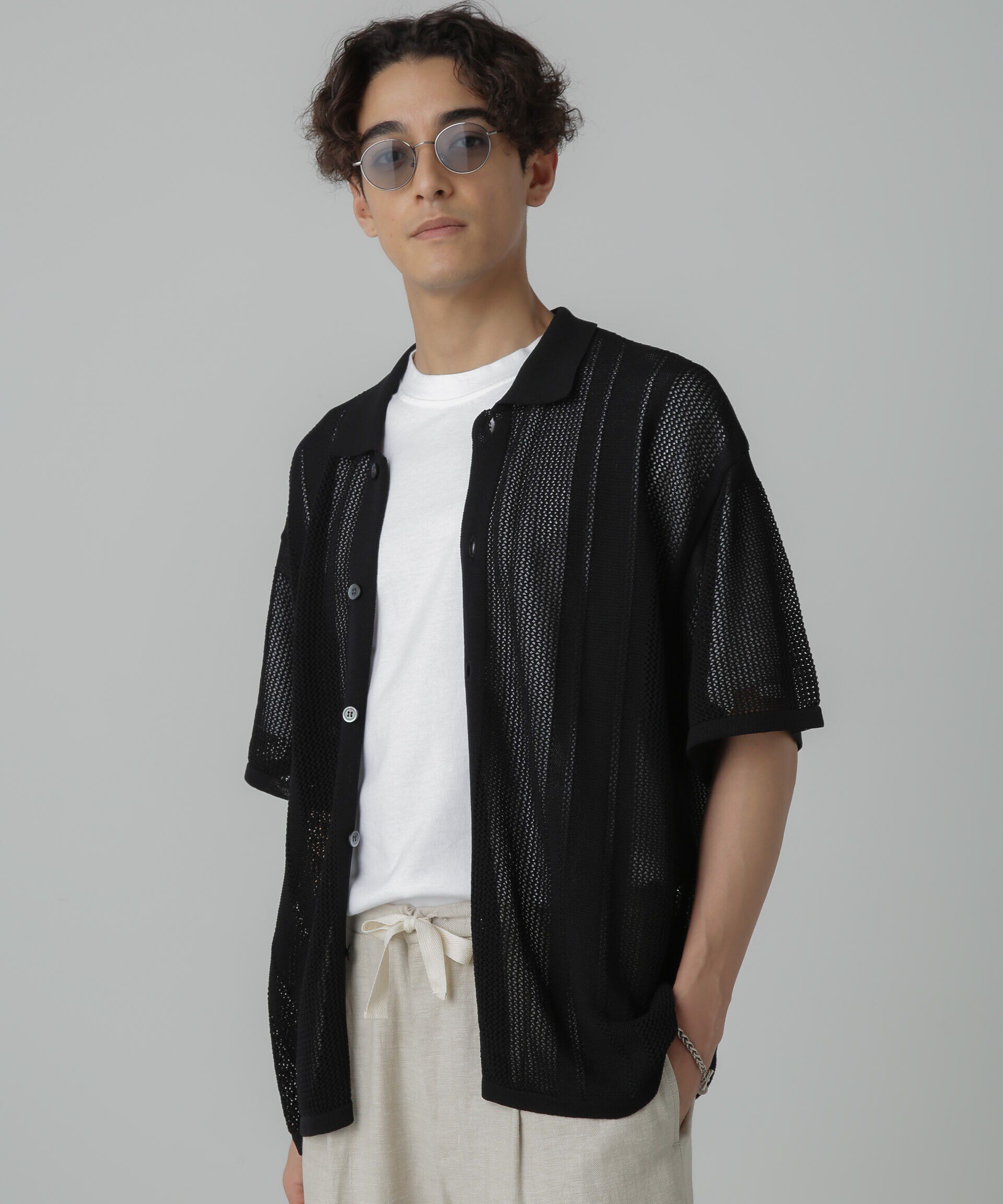 nano･universe「ドライタッチニットシャツ 半袖」|シャツ・ブラウス|ブラック