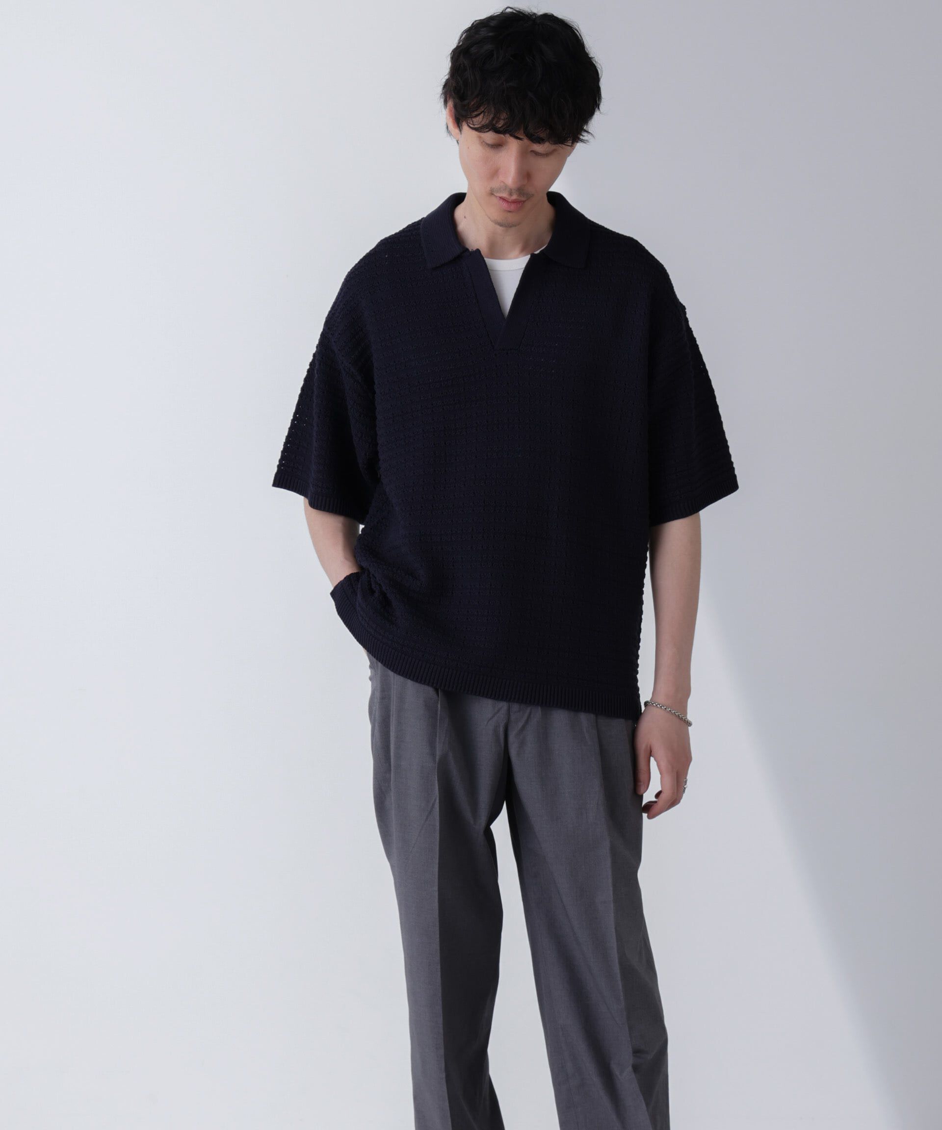 nano･universe「アイレットジャガードボーダーポロシャツ 半袖」|Tシャツ・カットソー|D.ネイビー1