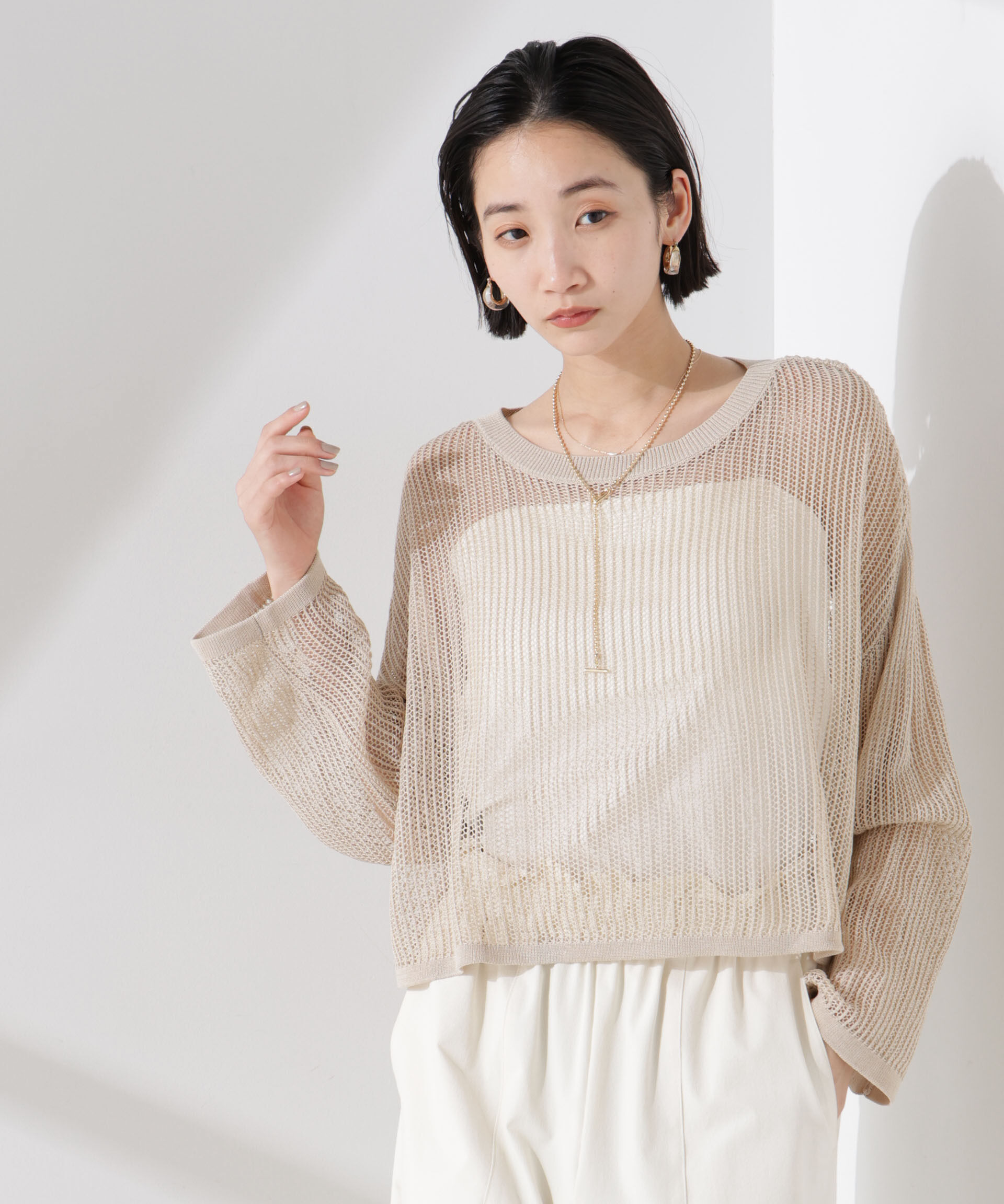 nano･universe「クロップドメッシュニットトップス」|ニット・セーター|ベージュ