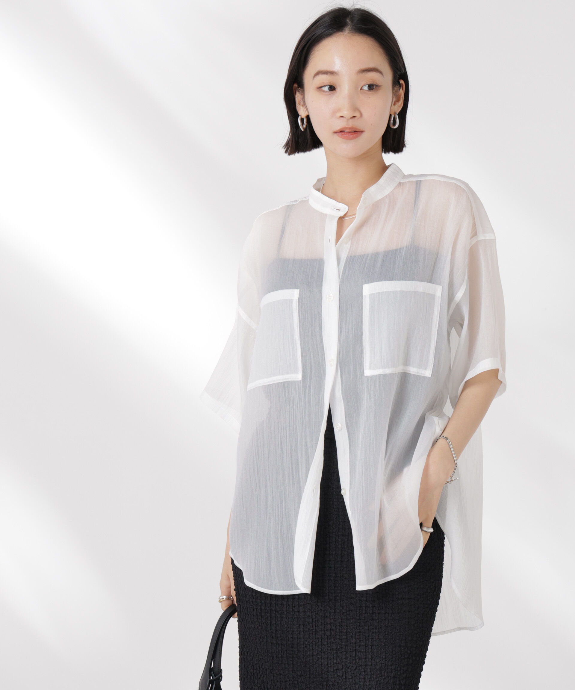nano･universe「バンドカラーシアー半袖シャツ」|シャツ・ブラウス|