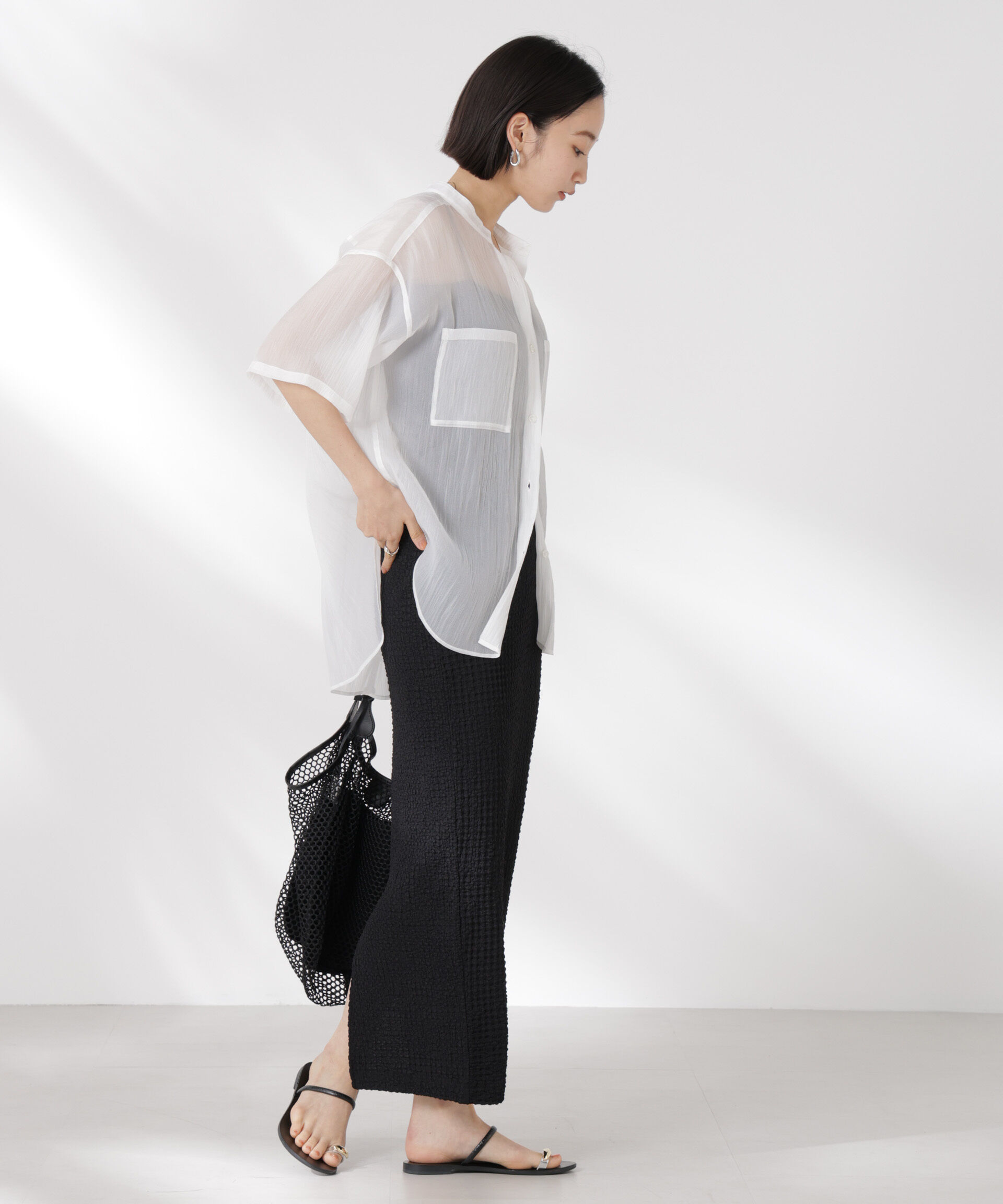 nano･universe「バンドカラーシアー半袖シャツ」|シャツ・ブラウス|