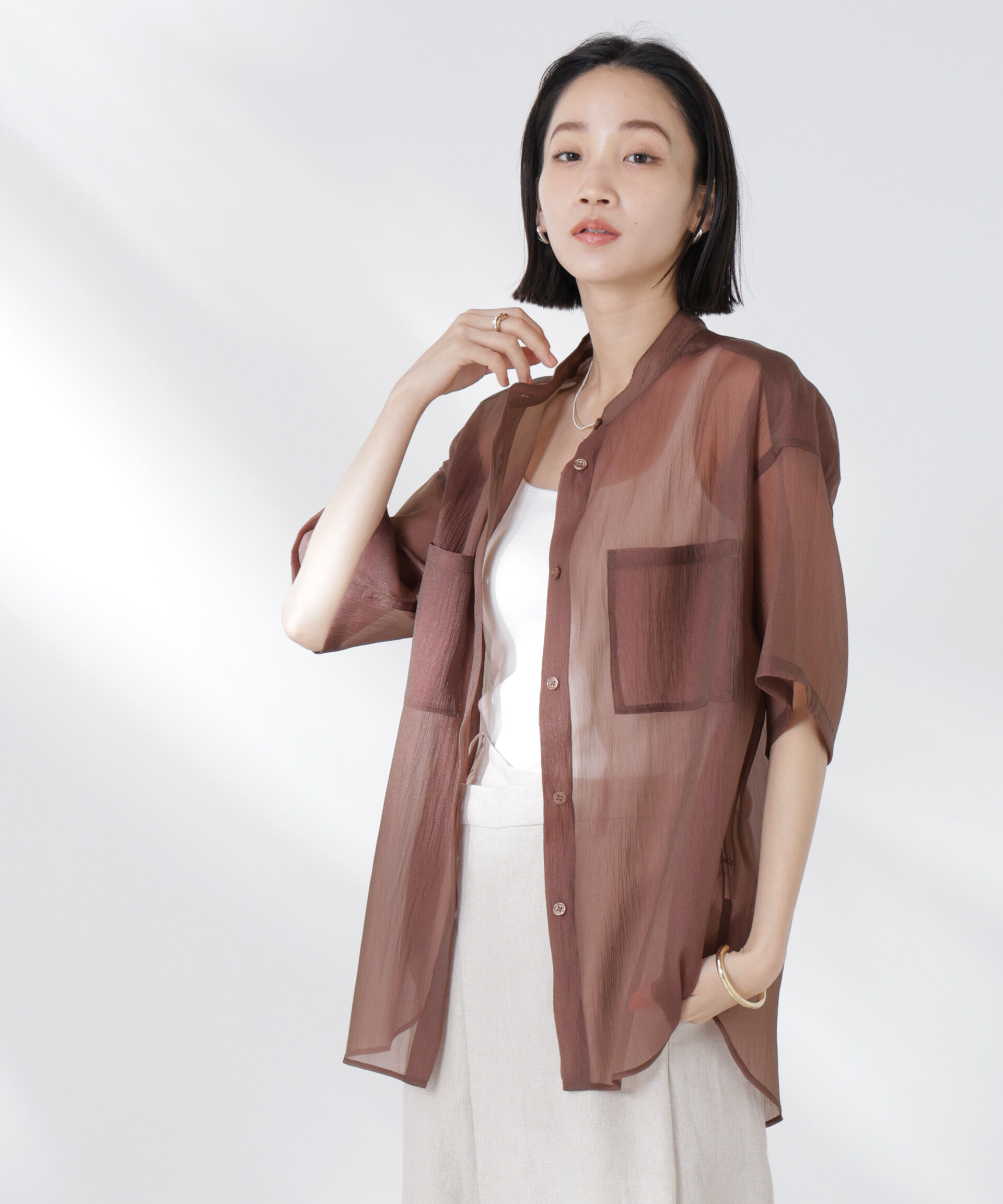 nano･universe「バンドカラーシアー半袖シャツ」|シャツ・ブラウス|ブラウン