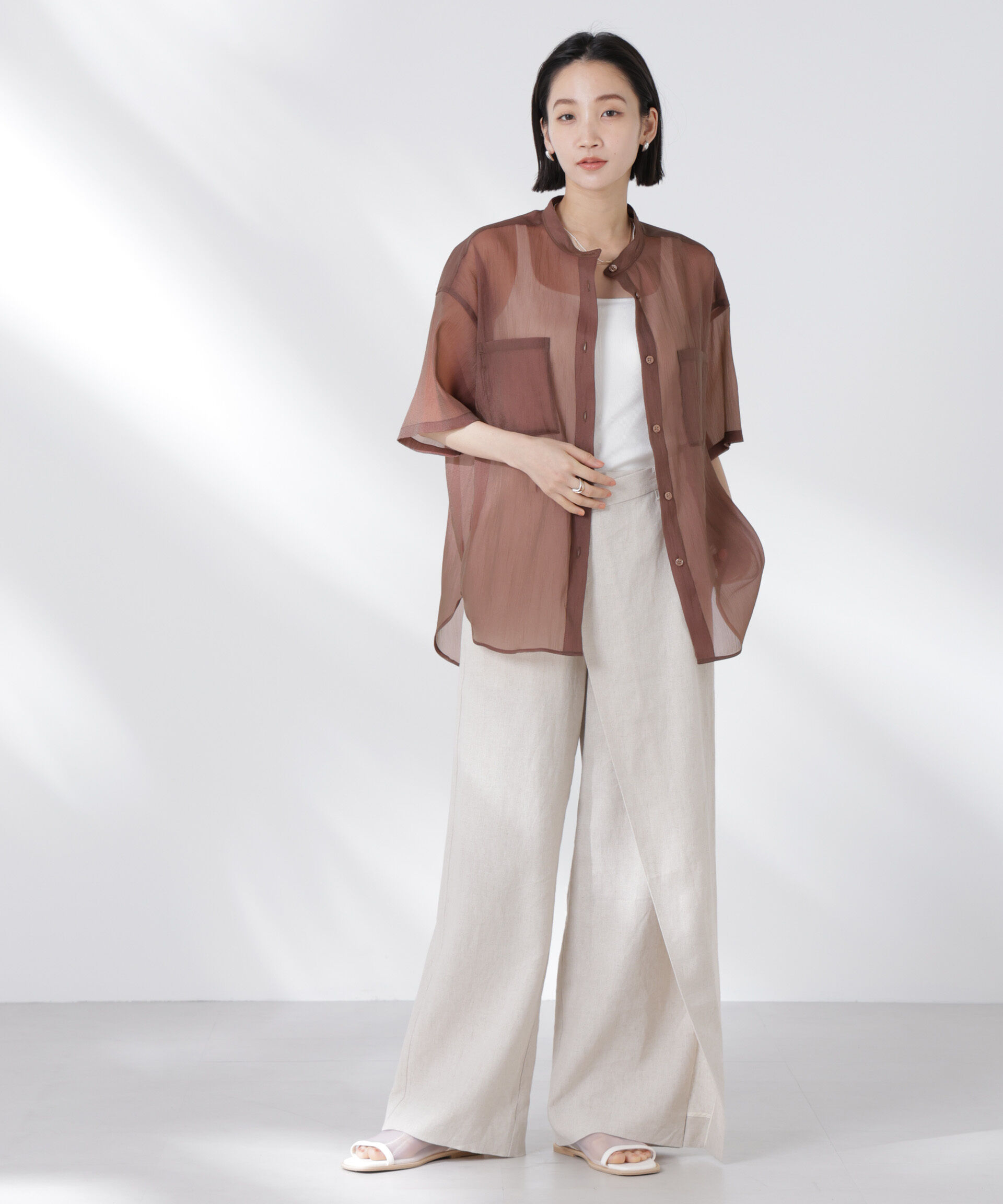 nano･universe「バンドカラーシアー半袖シャツ」|シャツ・ブラウス|