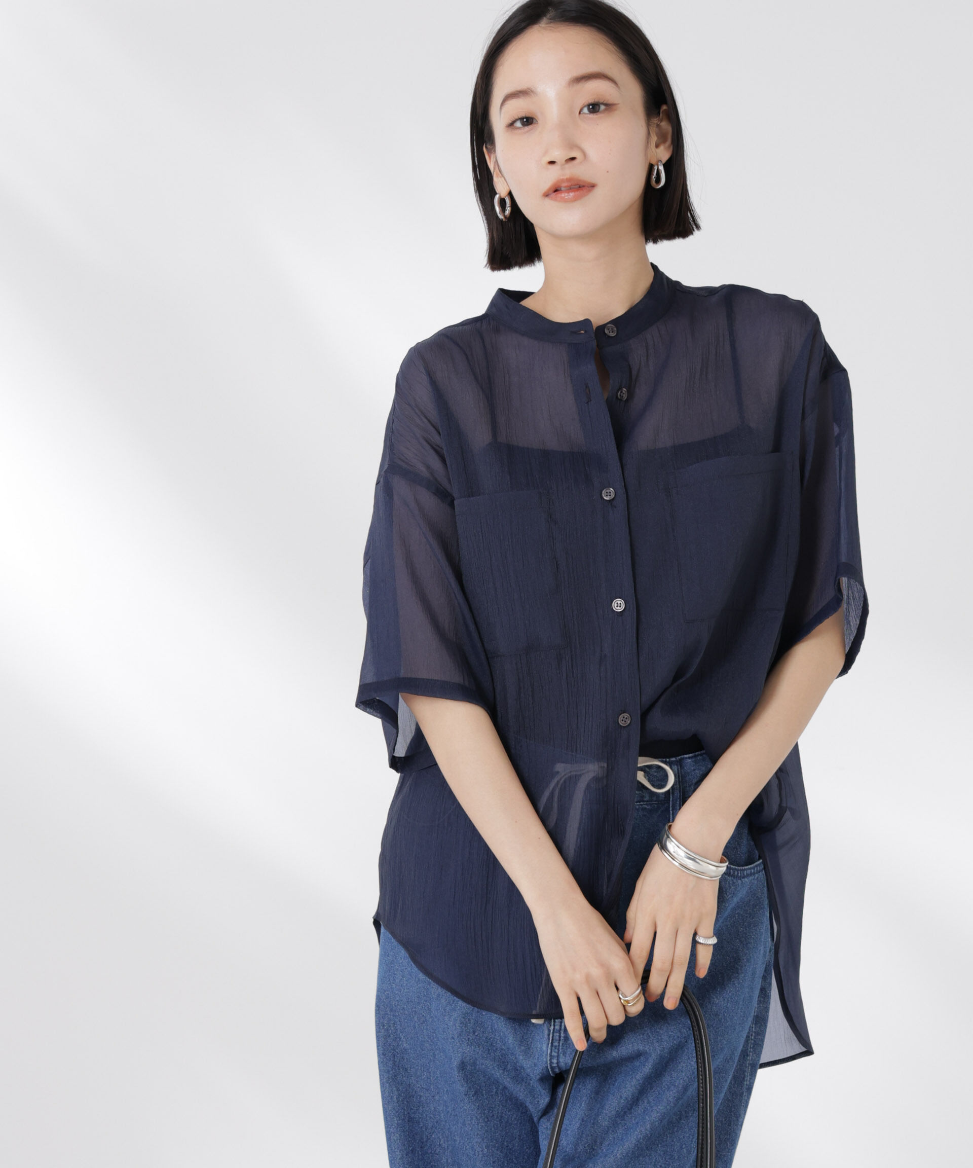 nano･universe「バンドカラーシアー半袖シャツ」|シャツ・ブラウス|