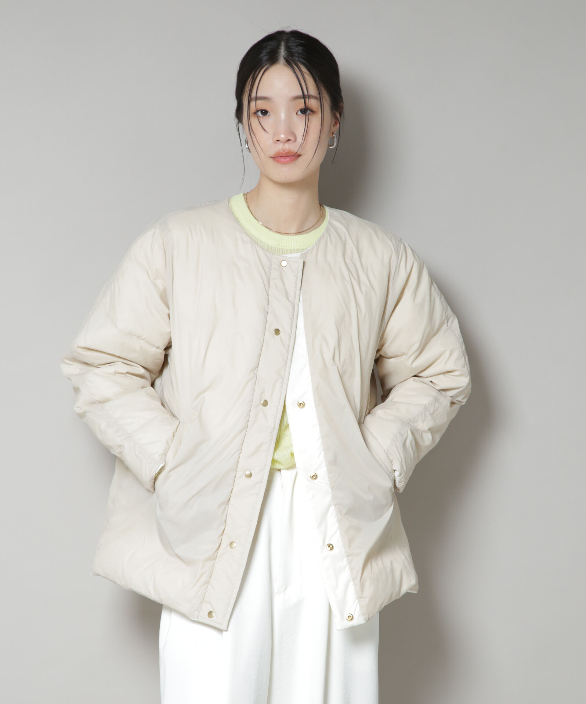 nano･universe「撥水加工ライトダウン リバーシブルノーカラージャケット」|ダウン|