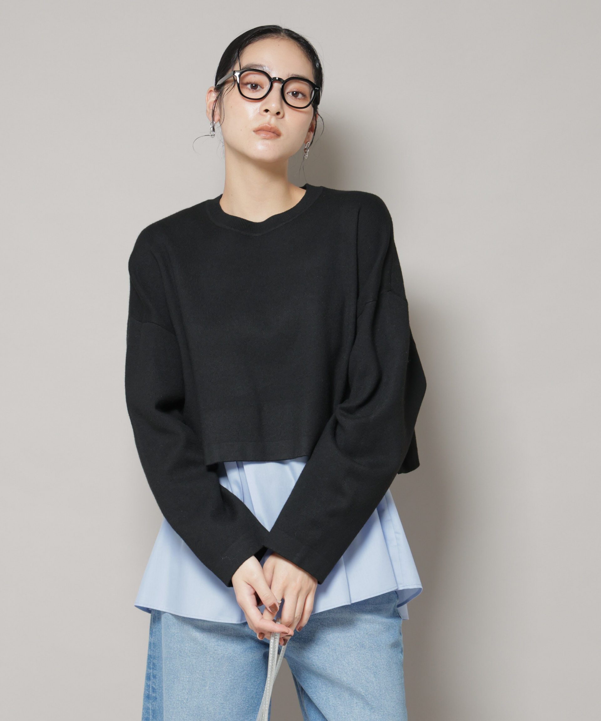 nano･universe「ダブルジャガードニット&times;タックブラウス ペプラムセット」|ニット・セーター|