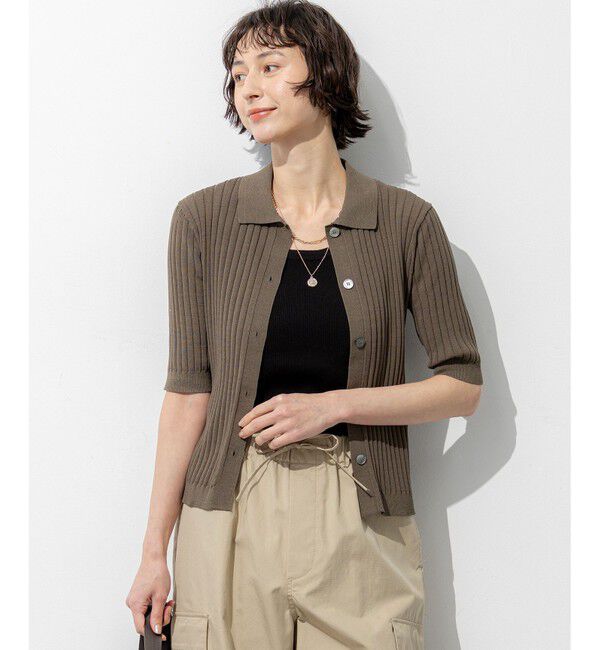 23区「ワイドリブ 五分袖 ポロニット」|ニット・セーター|ブラウン系