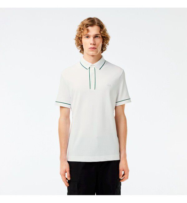 LACOSTE「オーガニックコットン ストレッチ鹿の子 配色パイピング比翼ポロシャツ」|ポロシャツ|ホワイト