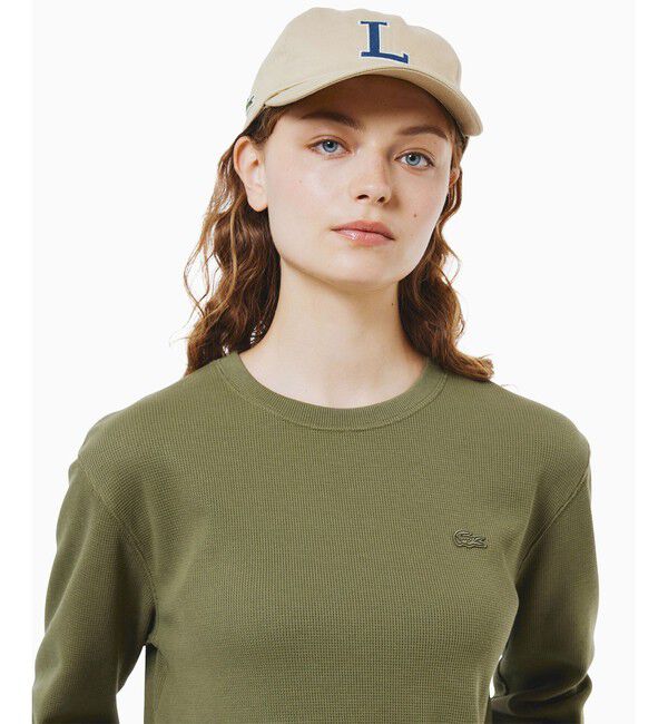 LACOSTE「ラウンドヘム 配色リブカラー ワッフルボーダーロングスリーブTシャツ」|Tシャツ・カットソー|オリーブ