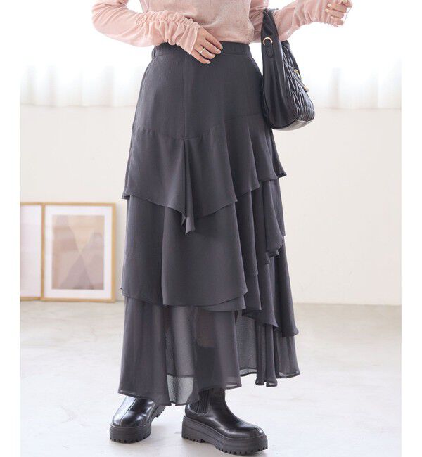 VIS「花柄アソート楊柳ティアードスカート」|スカート|チャコール(06)