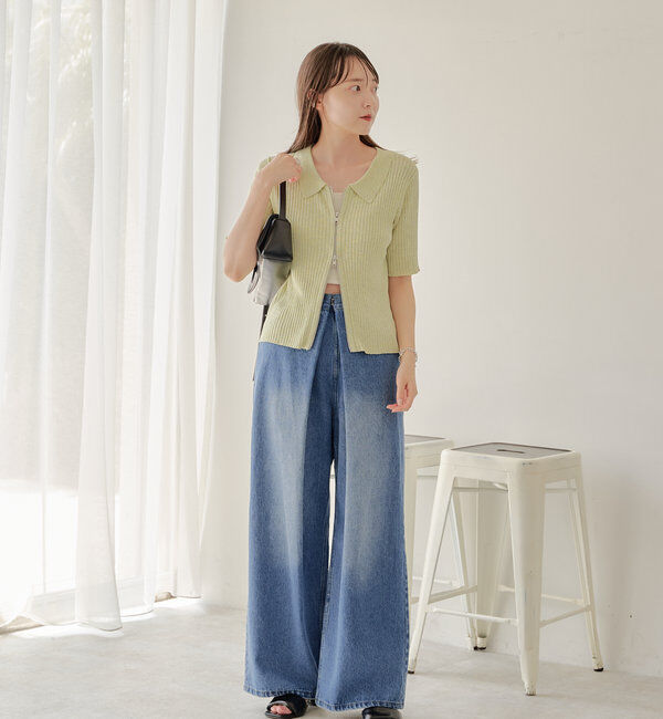  「【3サイズ】デニムタックワイドパンツ」|デニム|