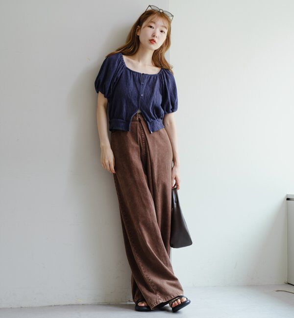  「【3サイズ】デニムタックワイドパンツ」|デニム|