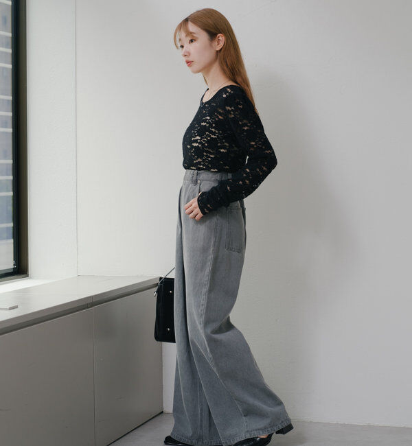  「【3サイズ】デニムタックワイドパンツ」|デニム|