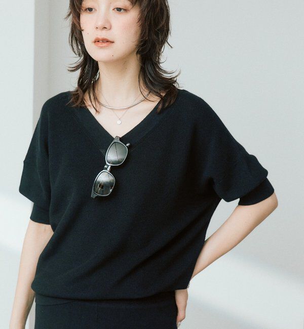  「【手洗い可能】ギマコットン片畦Vネックニット」|ニット・セーター|ブラック