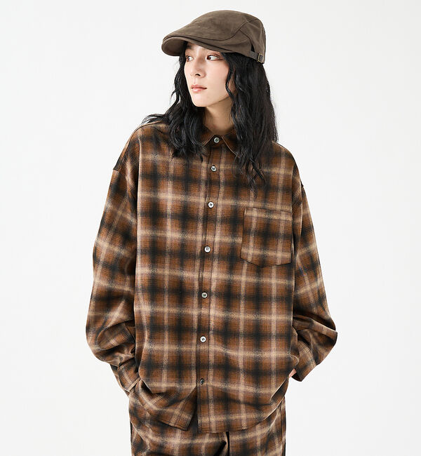 ABAHOUSE「【Revo.レボ】 オンブレーチェックシャツ/ルーズフィット /セットアップ/ユ」|シャツ・ブラウス|ブラウン