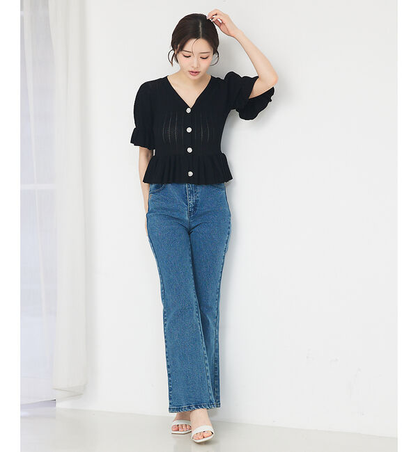 SELFIST「ビジューボタン付きペプラムニットカーデ」|カーディガン|