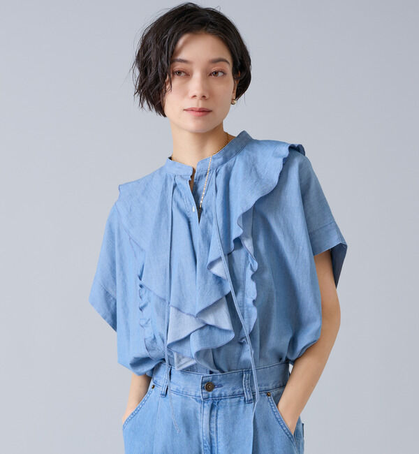 Liesse「シアーデニムフリルブラウス」|シャツ・ブラウス|