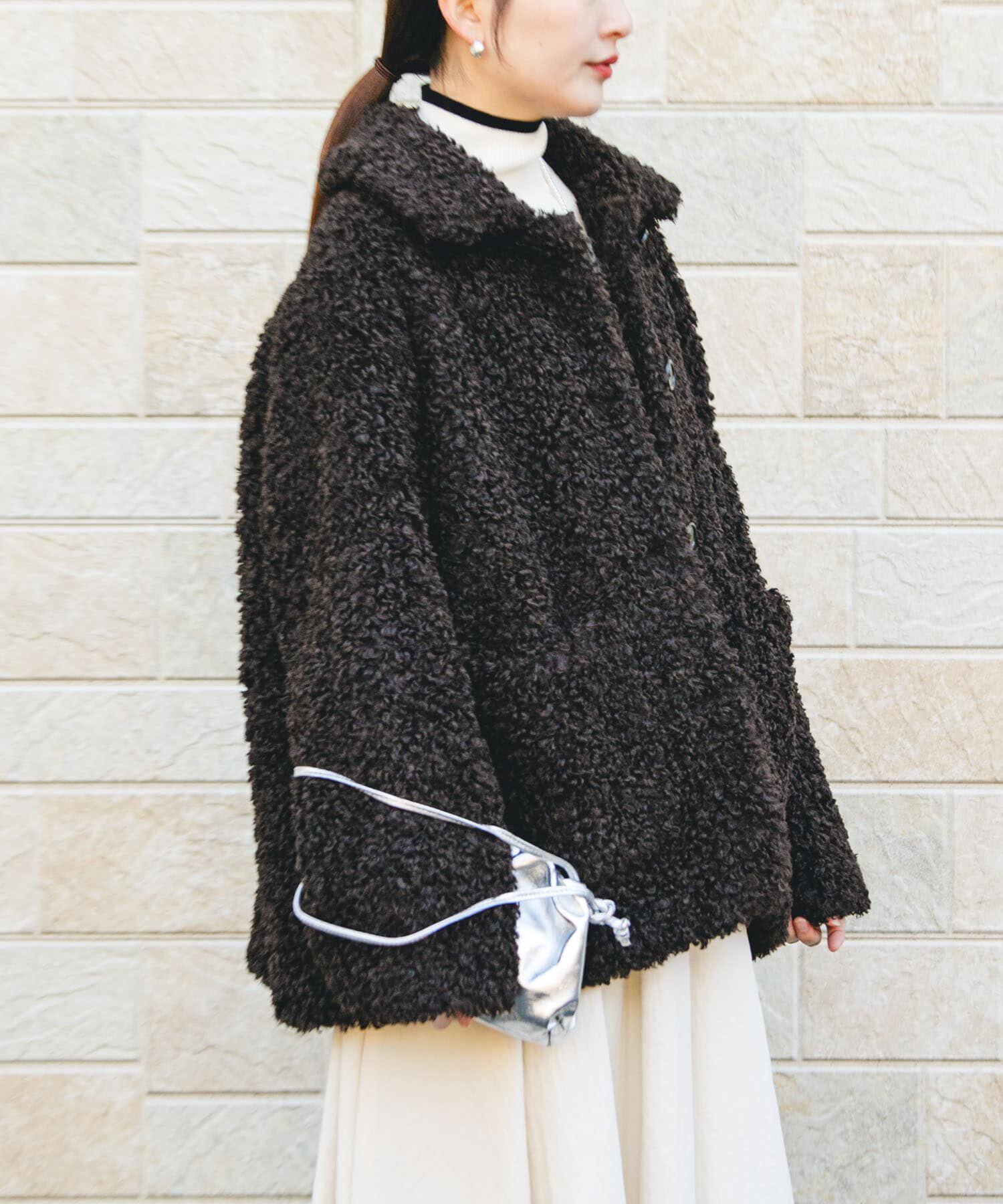 URBAN RESEARCH「ECOPELカーリーファーコート」|ノーカラーコート|ダークブラウン