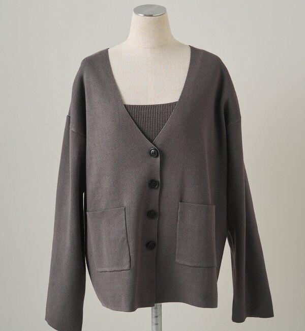  「【3点セット】ワッフルスクエアタンク＆Vネックカーデ+ワイドパンツセットアップ」|カーディガン|