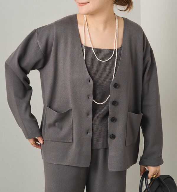  「【3点セット】ワッフルスクエアタンク＆Vネックカーデ+ワイドパンツセットアップ」|カーディガン|