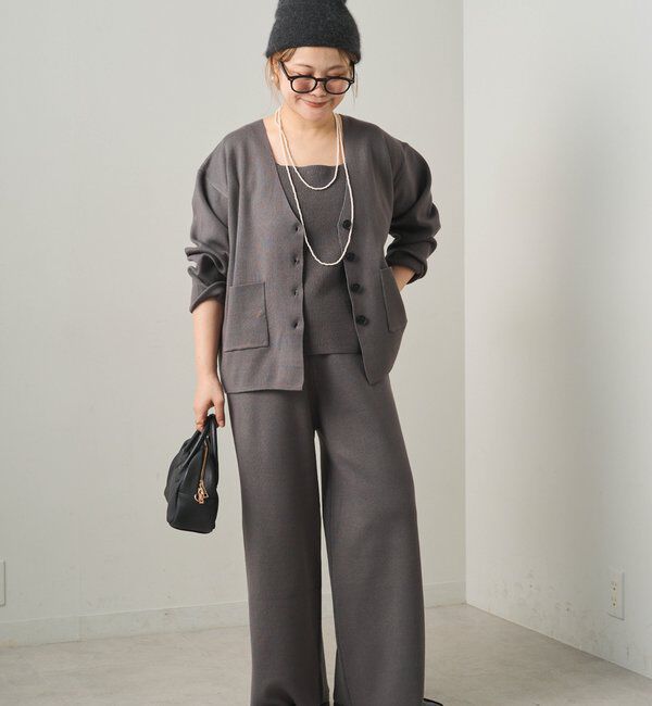  「【3点セット】ワッフルスクエアタンク＆Vネックカーデ+ワイドパンツセットアップ」|カーディガン|