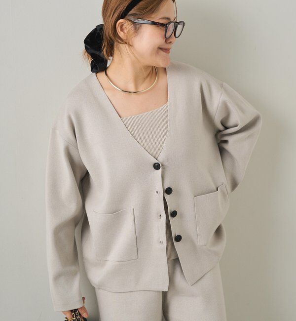  「【3点セット】ワッフルスクエアタンク＆Vネックカーデ+ワイドパンツセットアップ」|カーディガン|グレイッシュベージュ