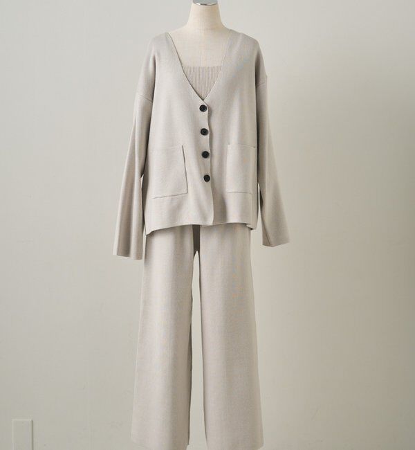  「【3点セット】ワッフルスクエアタンク＆Vネックカーデ+ワイドパンツセットアップ」|カーディガン|