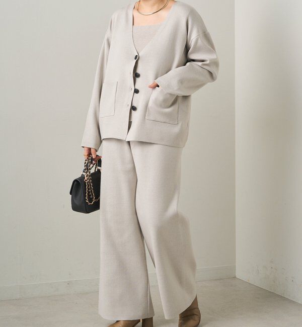  「【3点セット】ワッフルスクエアタンク＆Vネックカーデ+ワイドパンツセットアップ」|カーディガン|