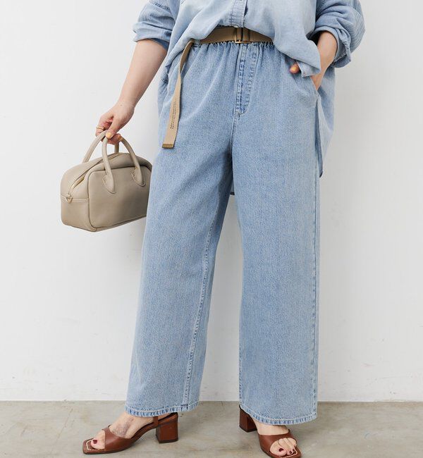  「ベルト付き綿麻デニムパンツ」|デニム|サックスブルー