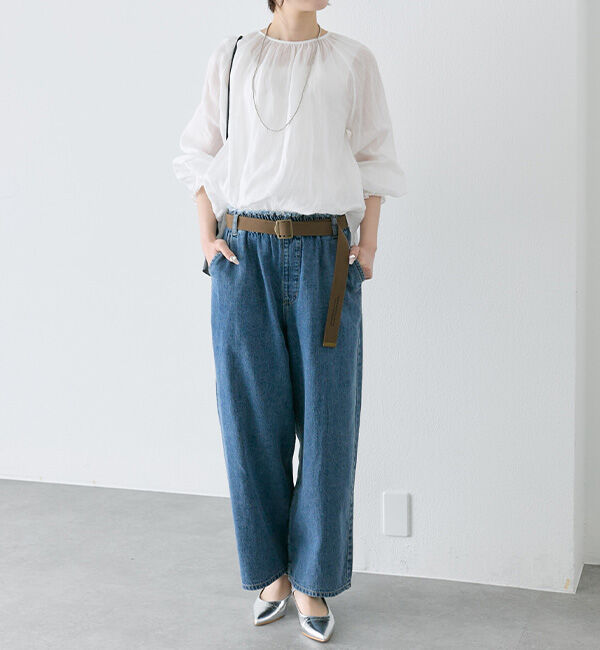  「ベルト付き綿麻デニムパンツ」|デニム|