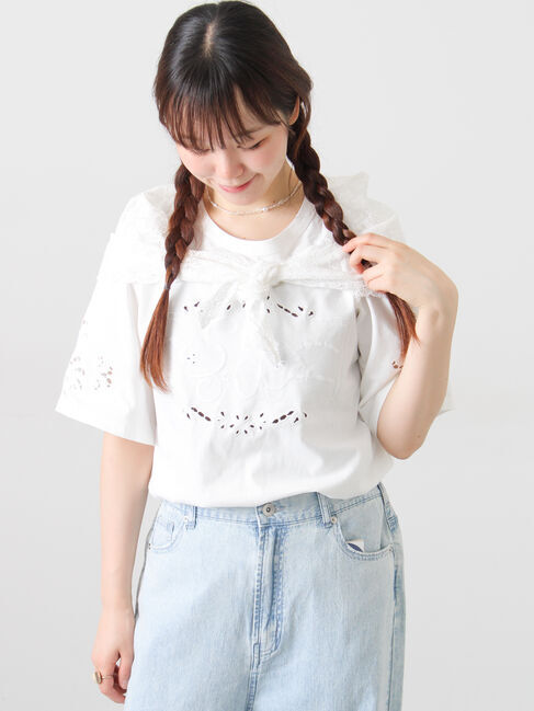 Samansa Mos2「三角ストール付カットワーク刺繍Tシャツ」|Tシャツ・カットソー|