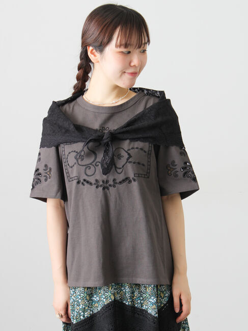 Samansa Mos2「三角ストール付カットワーク刺繍Tシャツ」|Tシャツ・カットソー|