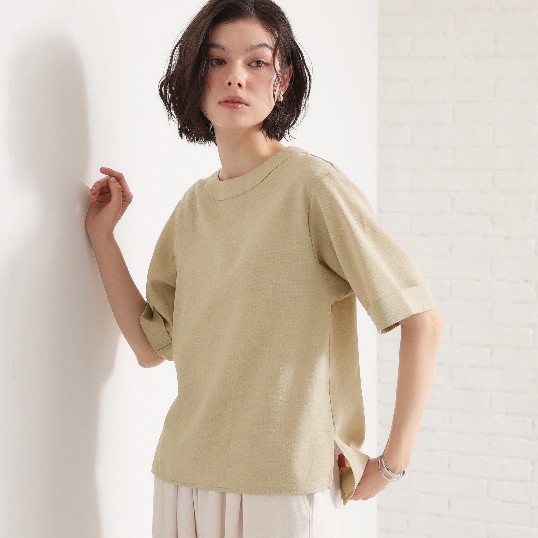 THE SHOP TK「【二の腕カバーに】 さらり麻調メッシュブラウス」|シャツ・ブラウス|