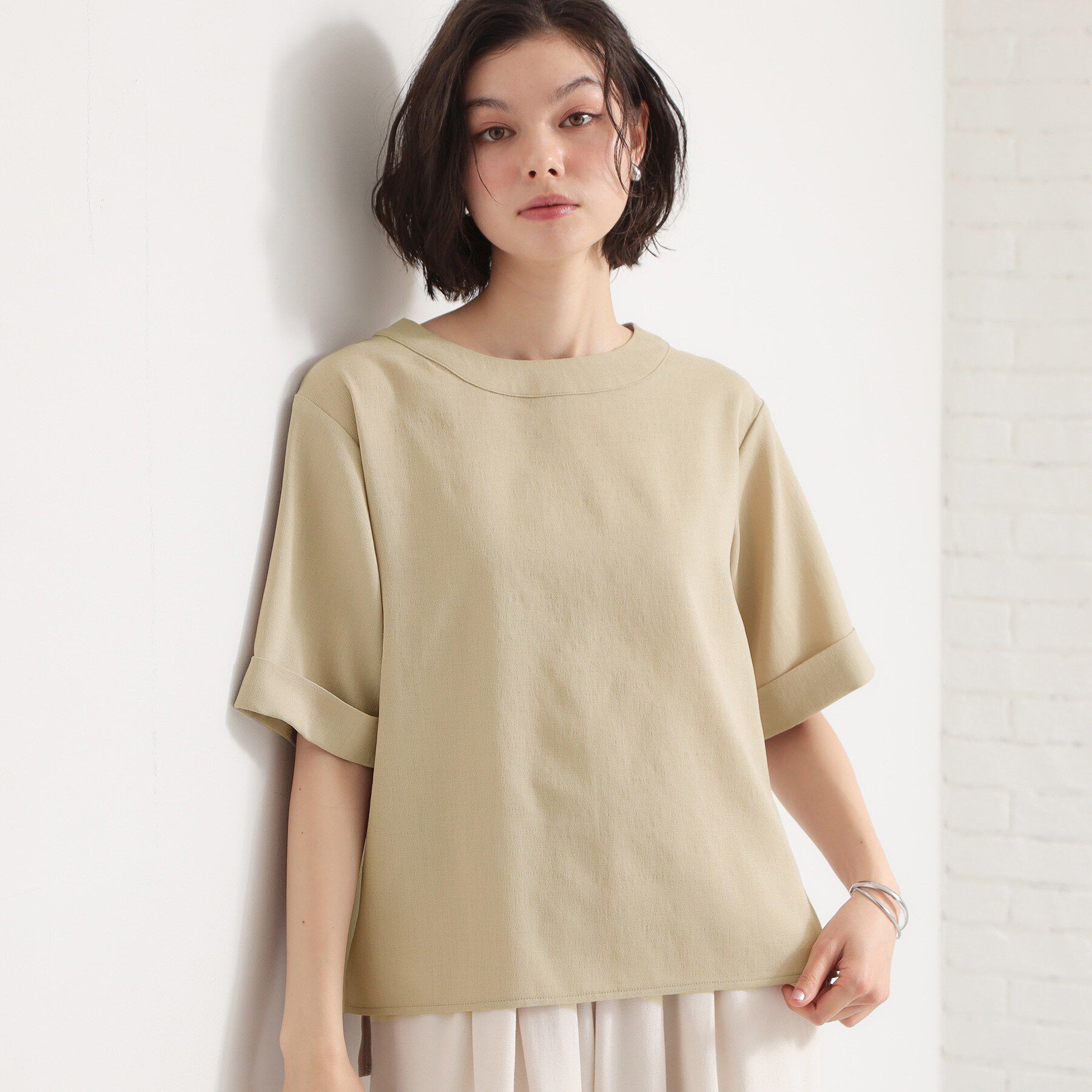 THE SHOP TK「【二の腕カバーに】 さらり麻調メッシュブラウス」|シャツ・ブラウス|ベージュ(052)