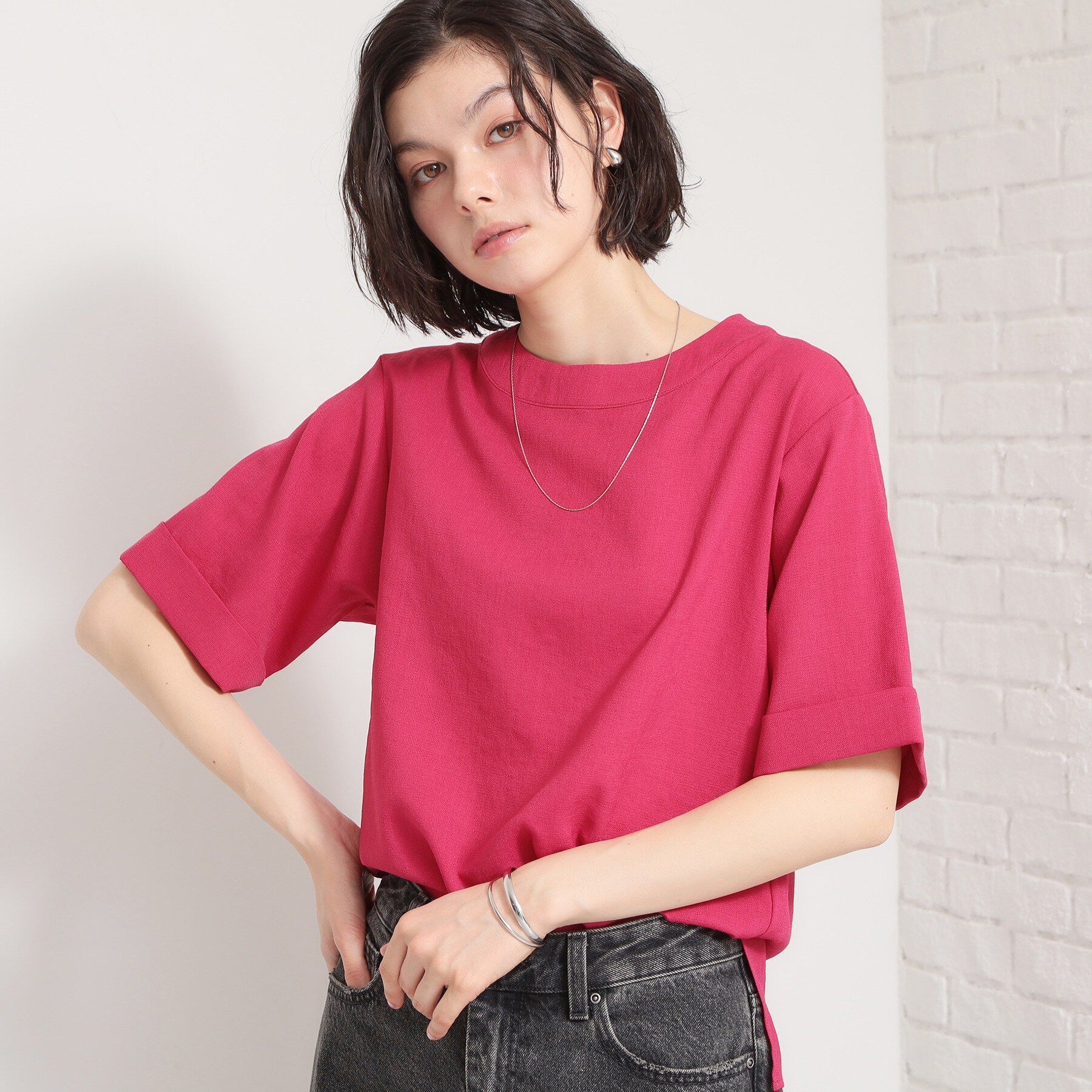 THE SHOP TK「【二の腕カバーに】 さらり麻調メッシュブラウス」|シャツ・ブラウス|ピンク(074)