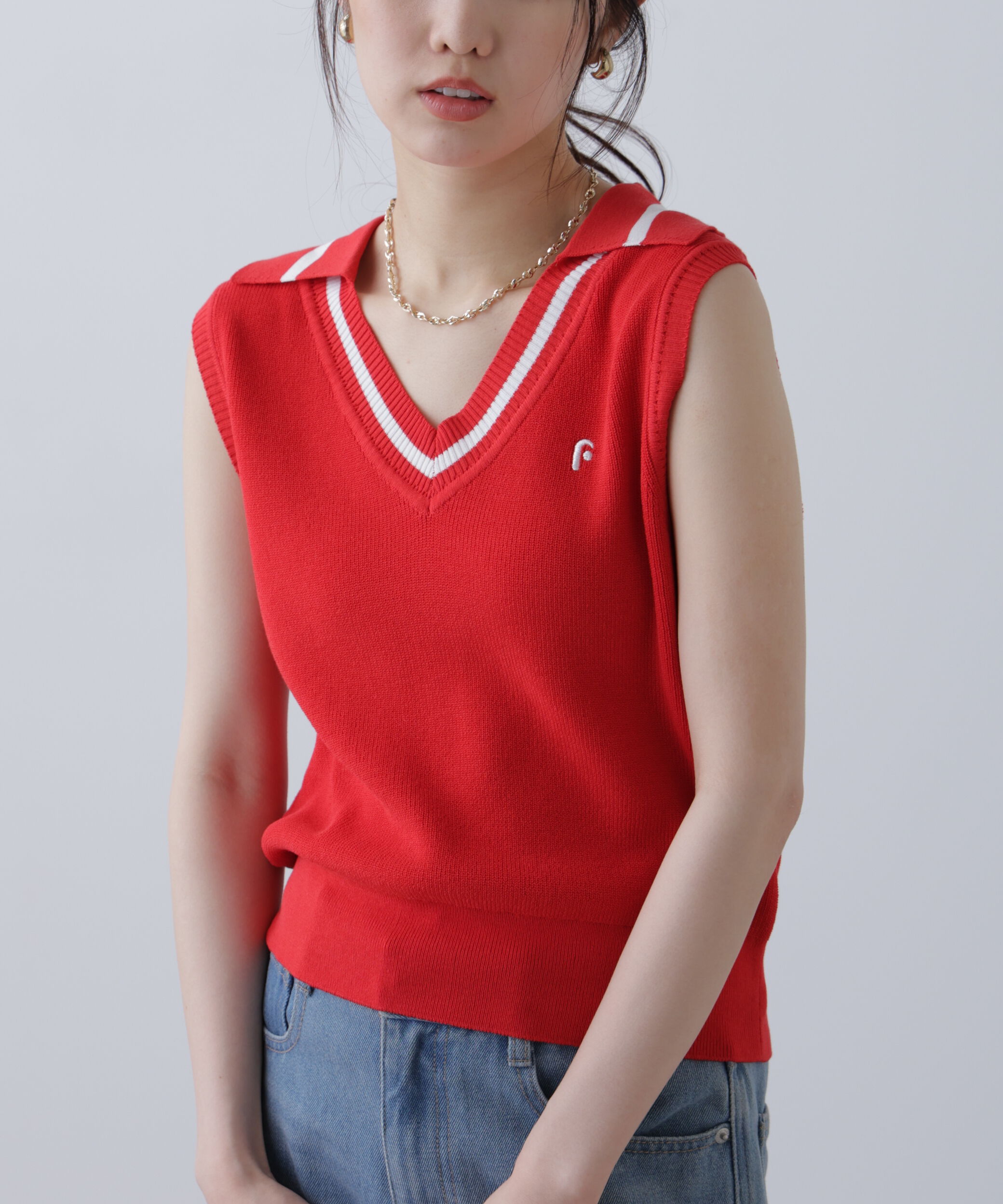  「Vネックポロノースリーブニット」|ニット・セーター|