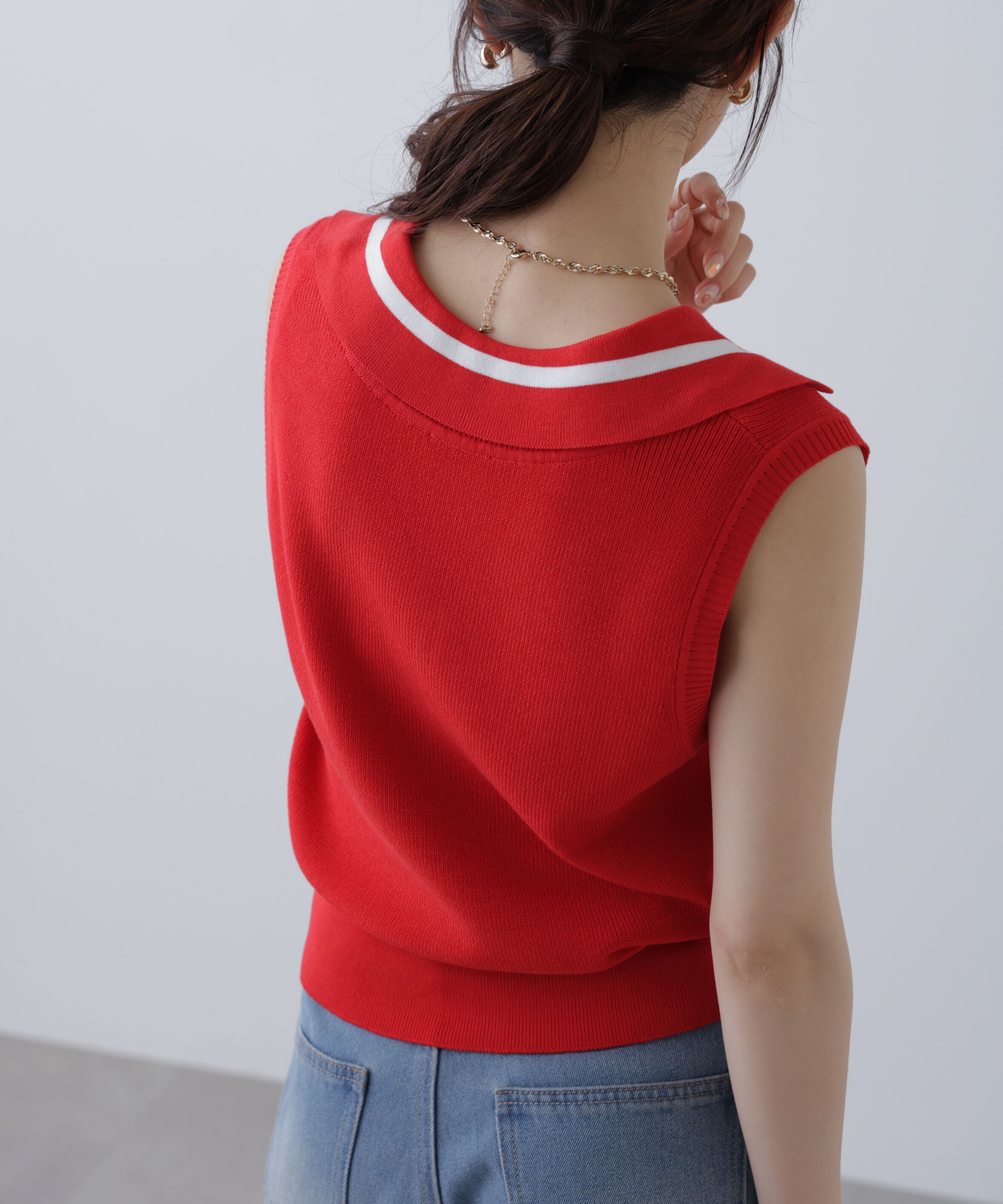  「Vネックポロノースリーブニット」|ニット・セーター|