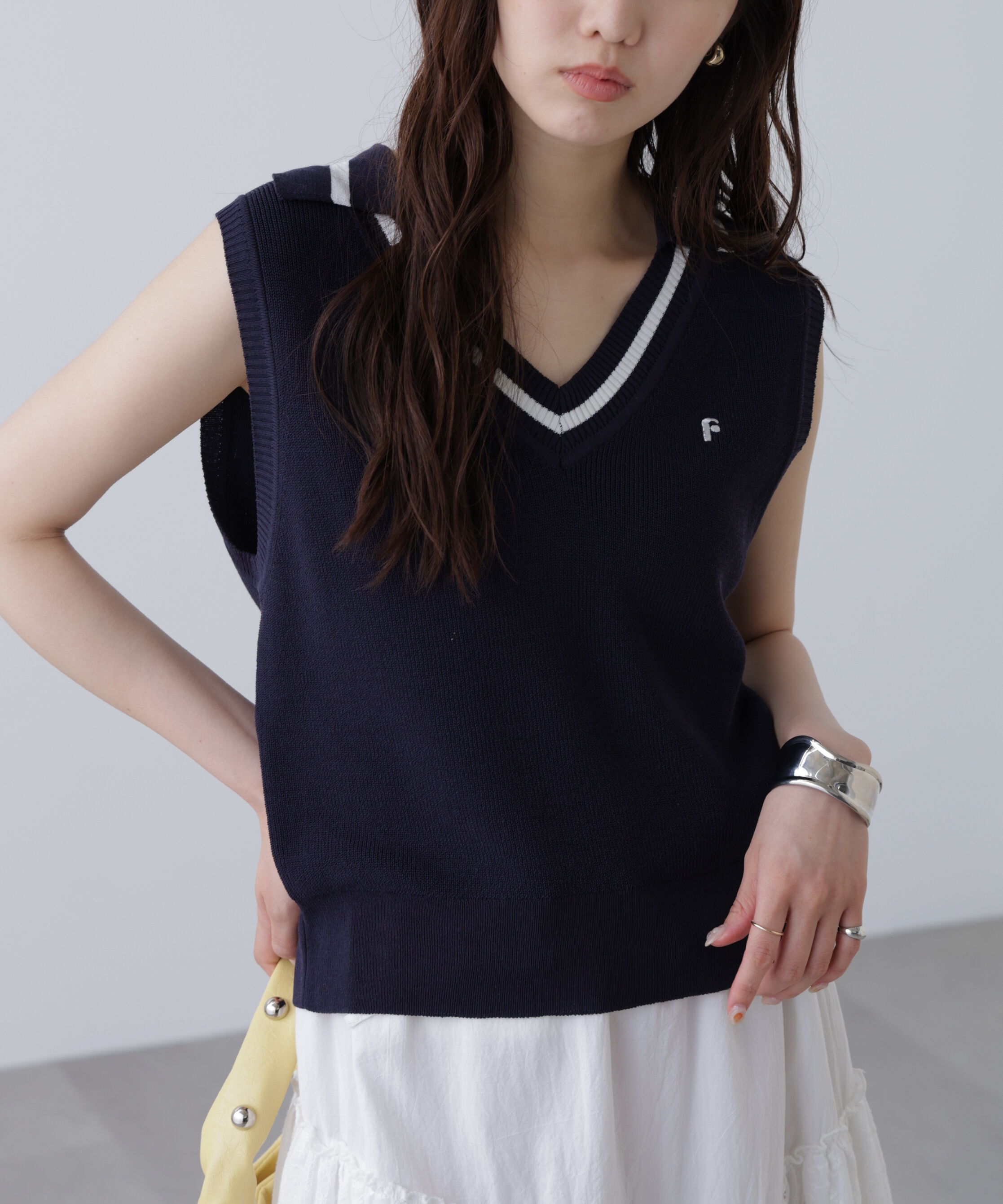  「Vネックポロノースリーブニット」|ニット・セーター|ネイビー