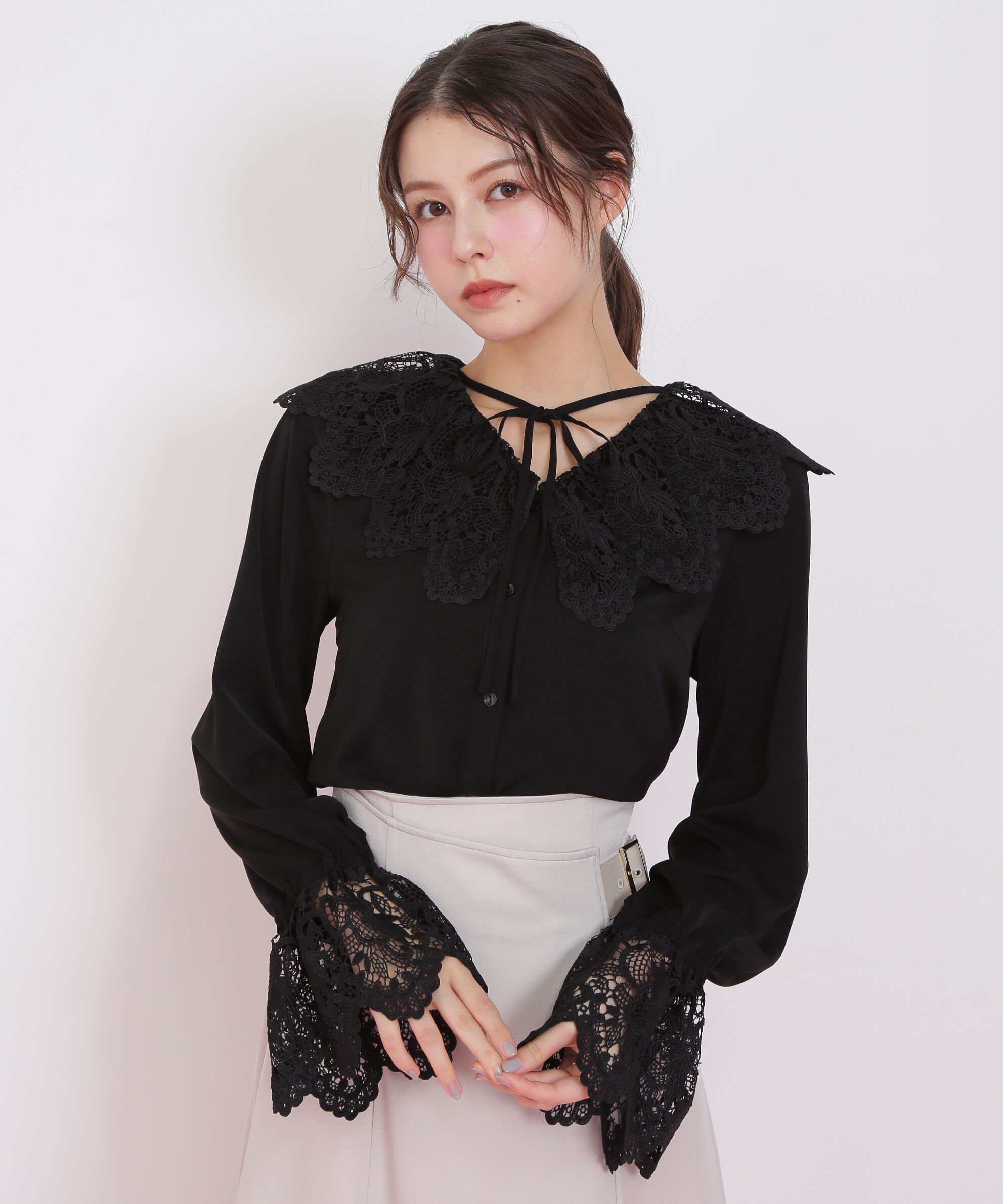  「レース衿ブラウス」|シャツ・ブラウス|ブラック