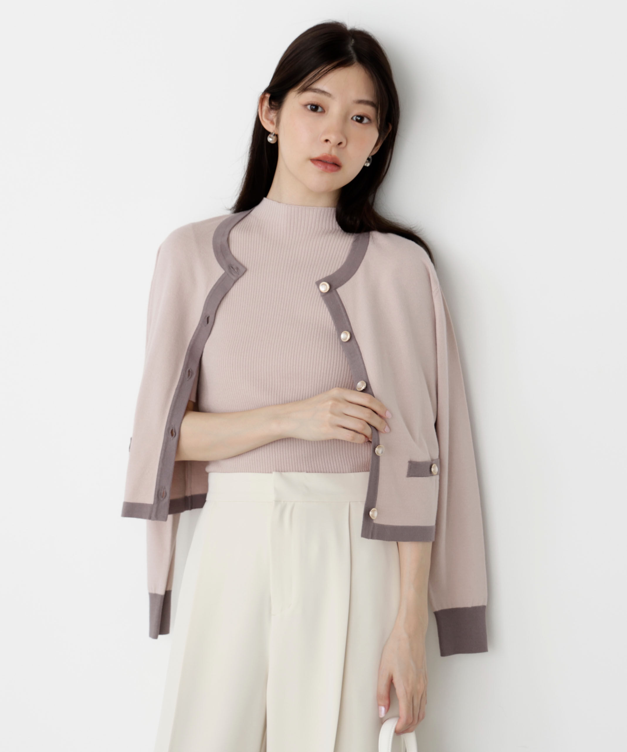 PROPORTION BODY DRESSING「＜ハンドウォッシャブル＞ニュアンス釦ニットアンサンブル 25AW」|ニット・セーター|ピンク&times;チャコ