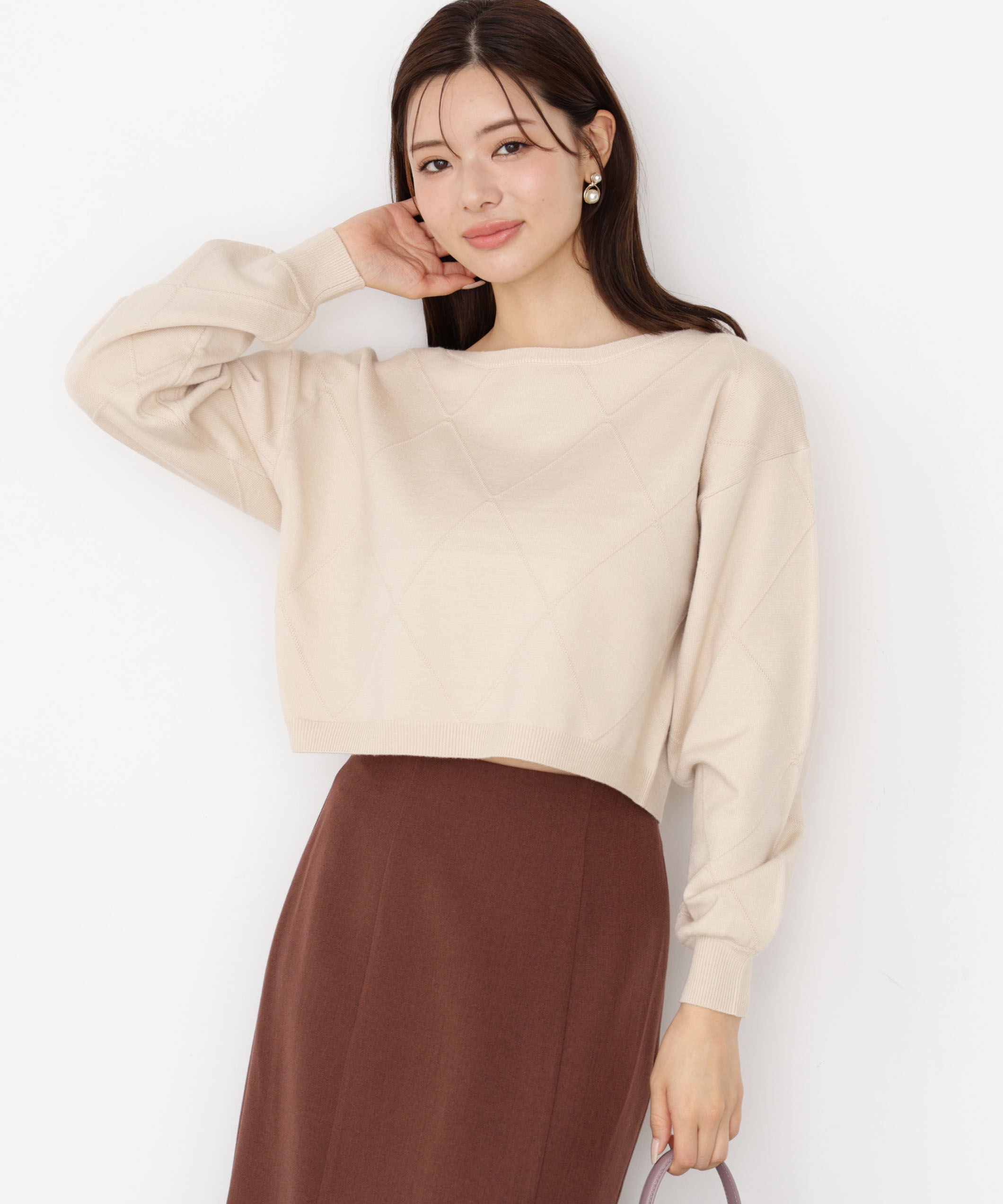 PROPORTION BODY DRESSING「＜ハンドウォッシャブル＞ダイヤ柄短丈ニット 25AW」|ニット・セーター|ライトベージ