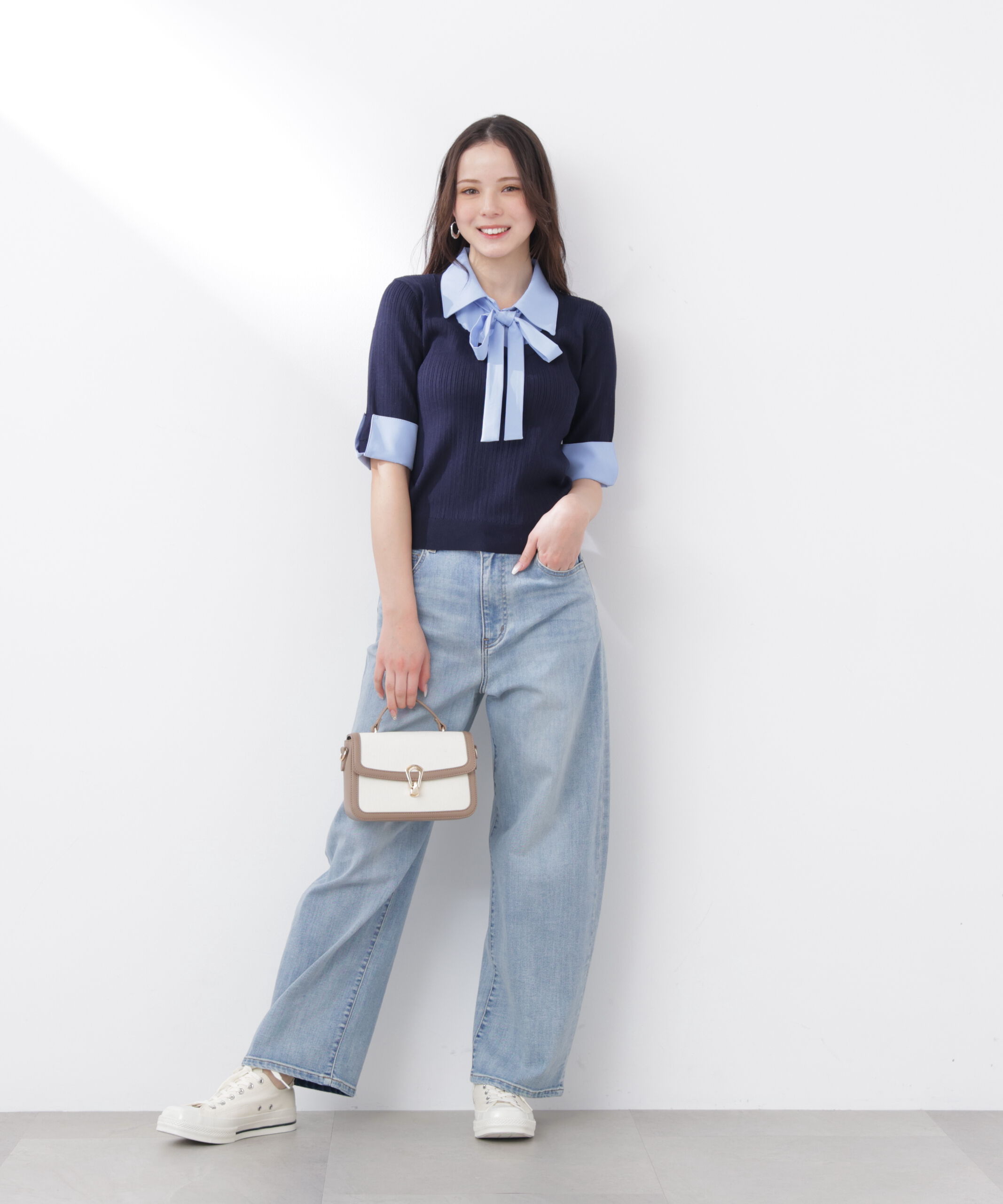 PROPORTION BODY DRESSING「《EDIT COLOGNE》リボンシャツドッキングニット　26SS」|ニット・セーター|