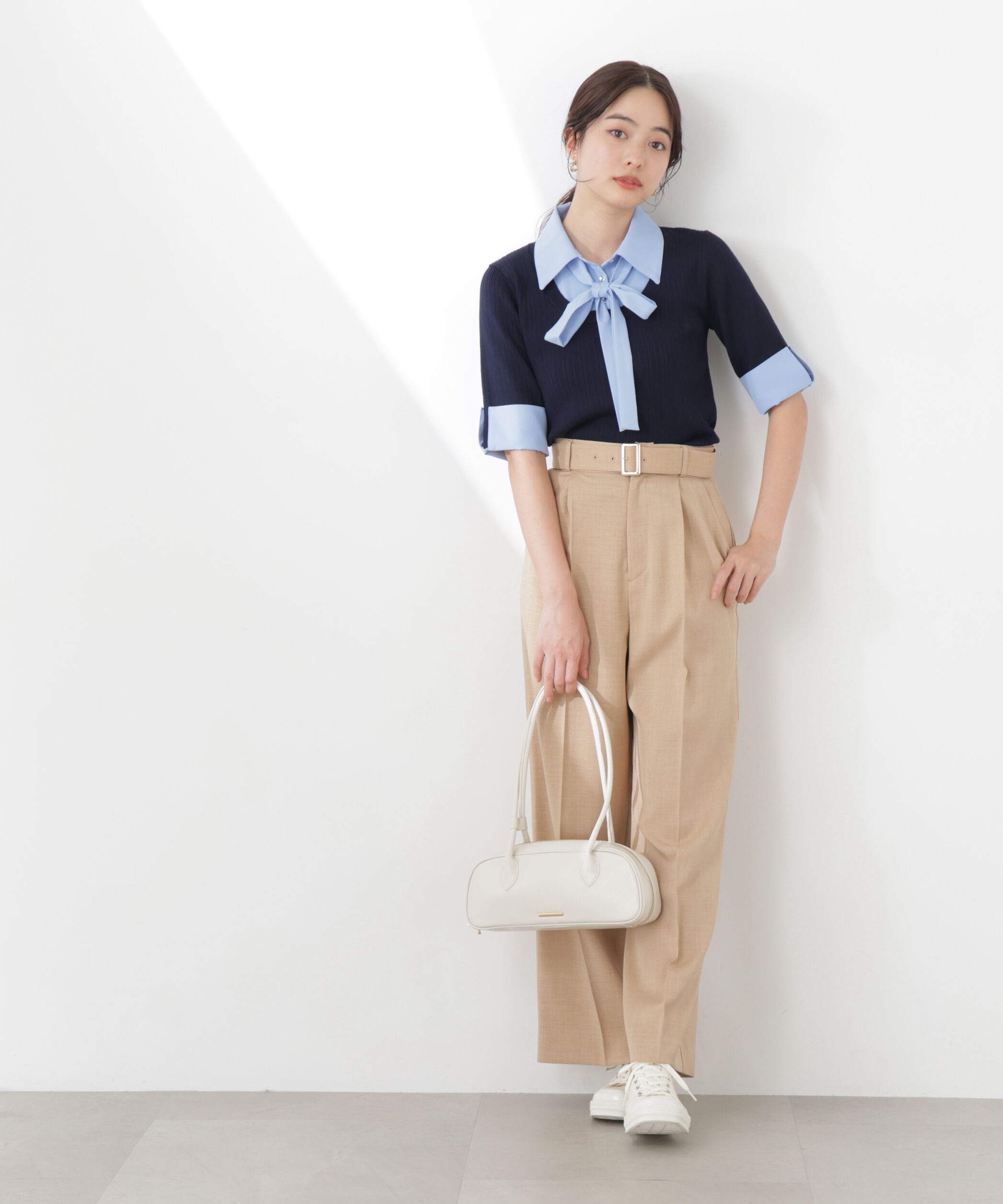 PROPORTION BODY DRESSING「《EDIT COLOGNE》リボンシャツドッキングニット　26SS」|ニット・セーター|