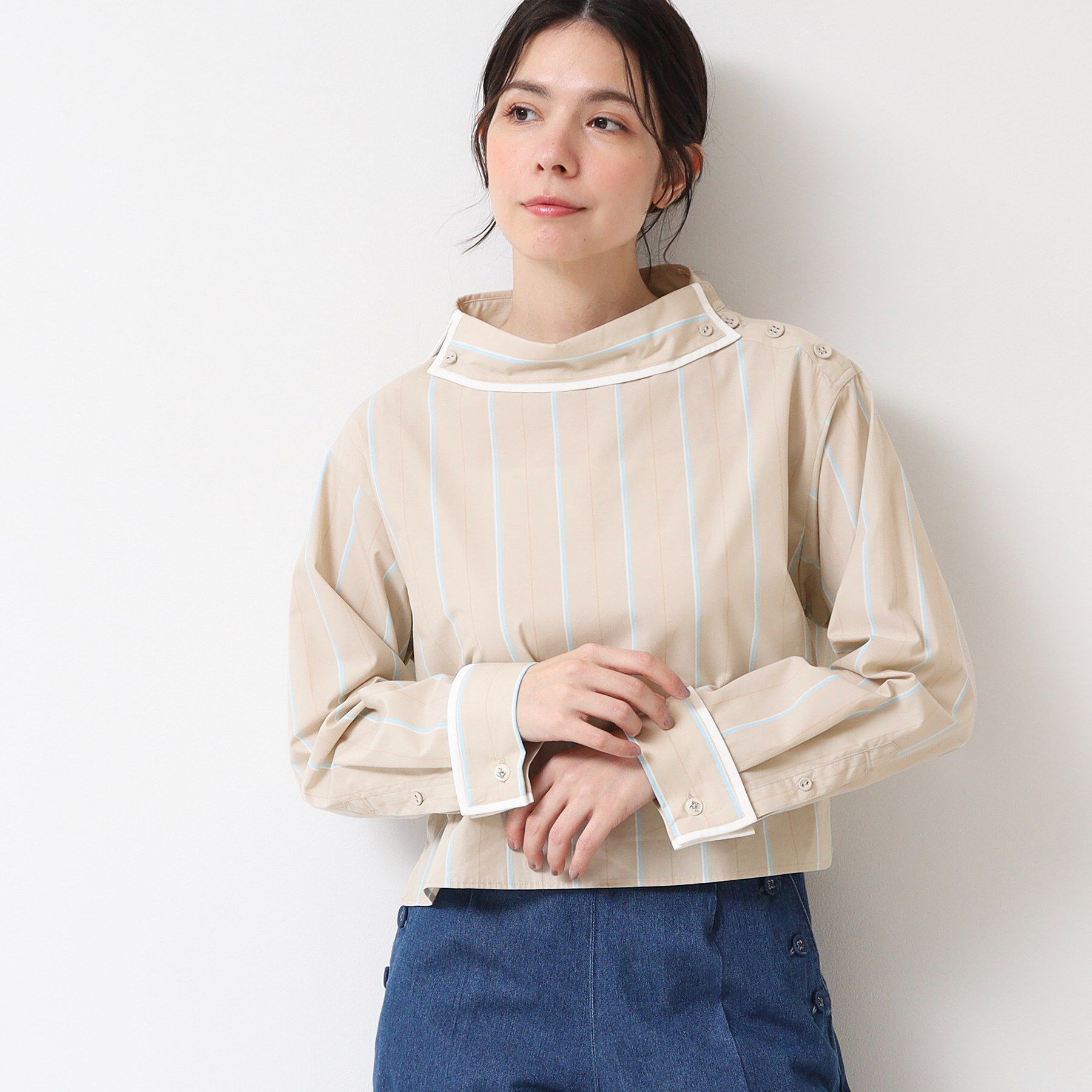 Dessin「【洗える】ロールネックストライプブラウス（S～L）」|シャツ・ブラウス|グレージュ(350)