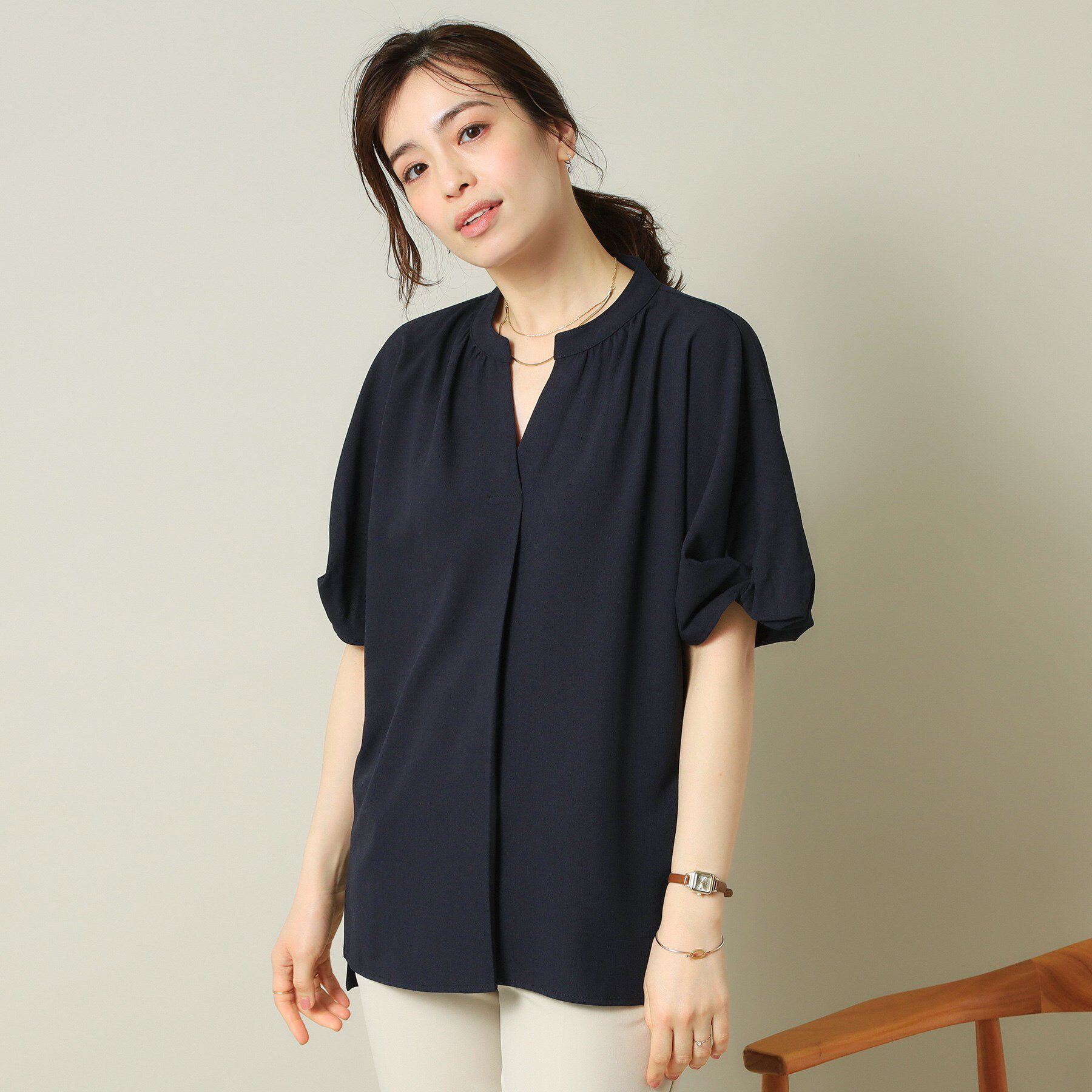 ITS&rsquo;DEMO「【UVケア/吸水速乾/洗濯機OK/冷感】麻調合繊チュニックブラウス＜ラク服シリーズ＞」|シャツ・ブラウス|ネイビー(094)