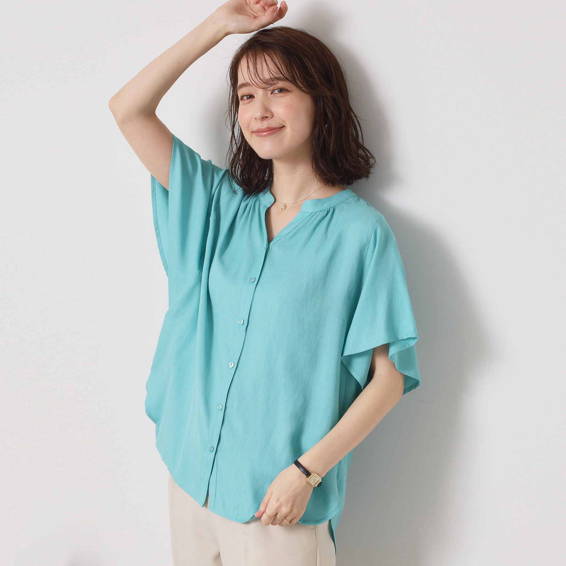 ITS&rsquo;DEMO「【接触冷感／羽織にも／手洗い可】強撚スラブフリル袖ブラウス」|シャツ・ブラウス|ブルーグリーン(09