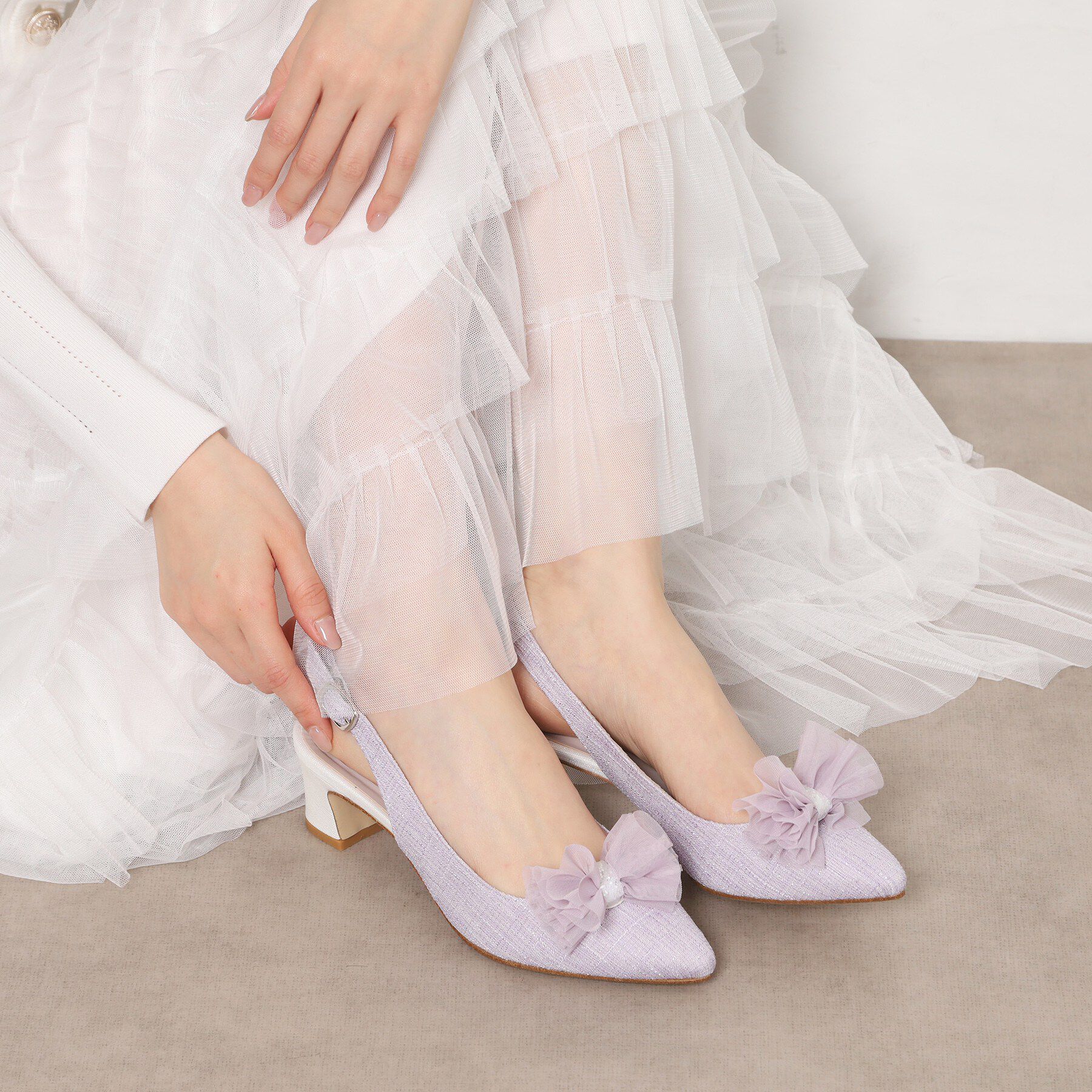 ESPERANZA「シフォンリボン付きバックストラップパンプス」|パンプス|パープル(383)